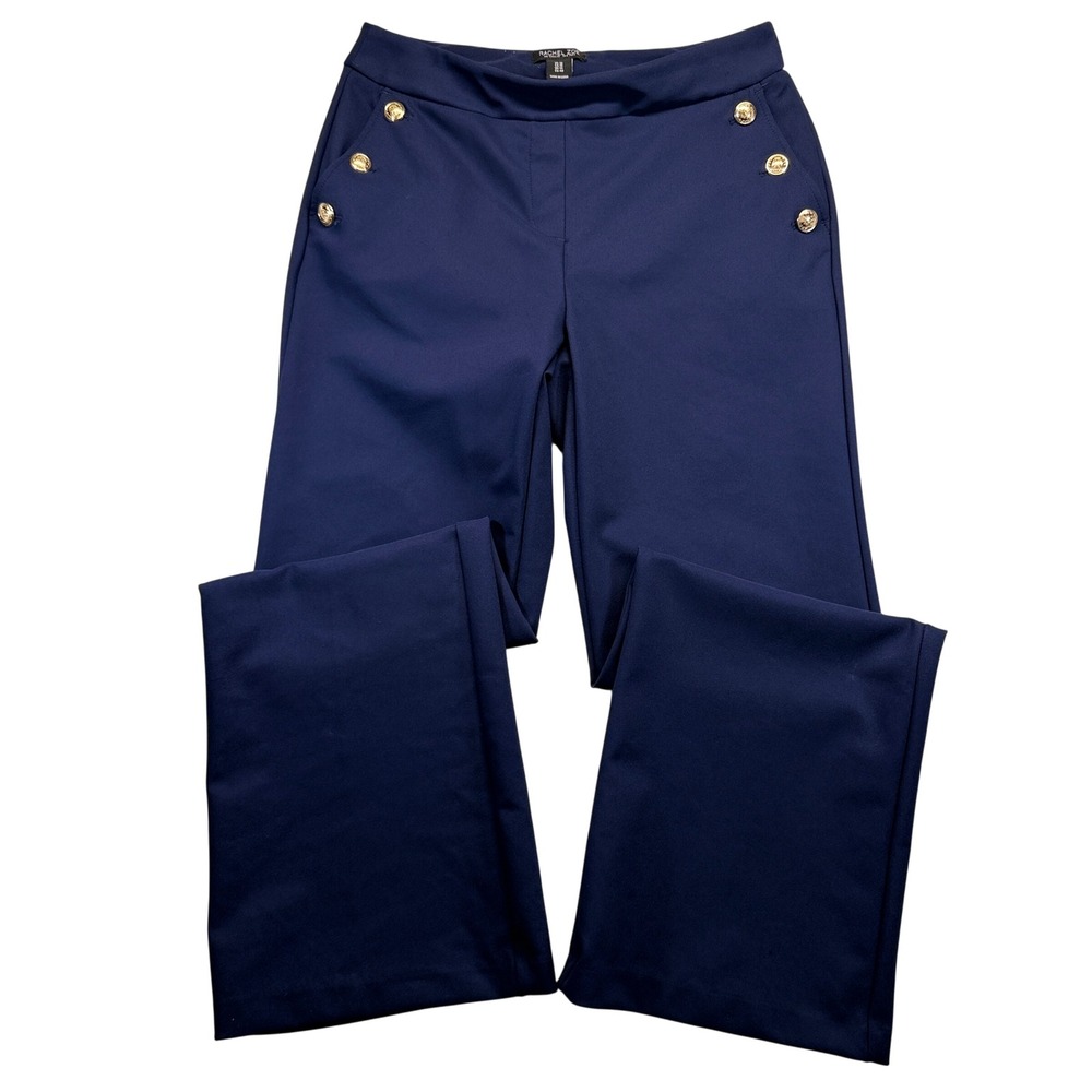 Rachel Zoe Sailor Flare Pants Womens 10 Navy Gold Button Stretch Trousers